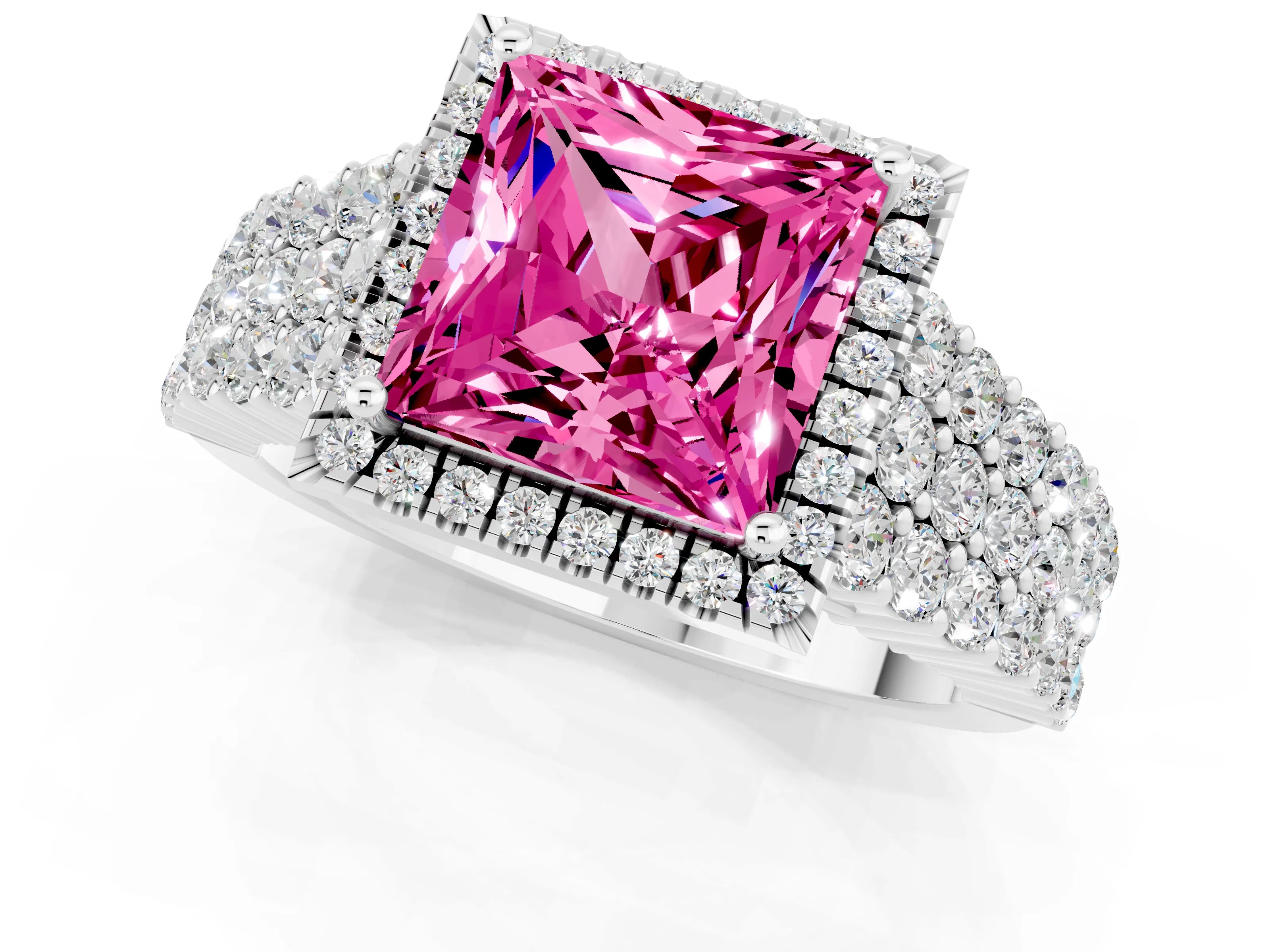 White gold Princess Cut Halo Pavé Diamond Engagement Ring with Split Shank and Four-Prong Setting_1