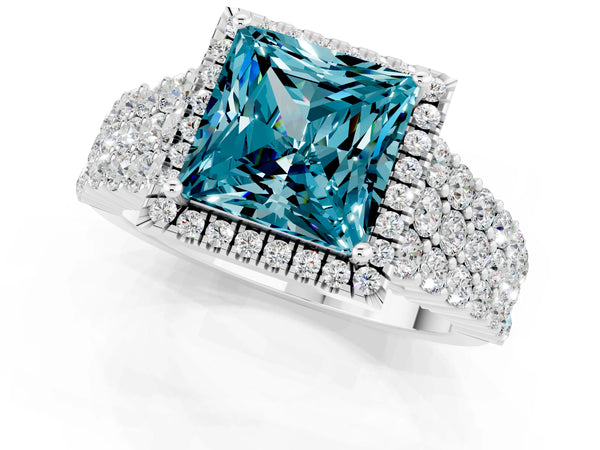 Platinum Princess Cut Halo Pavé Diamond Engagement Ring with Split Shank and Four-Prong Setting