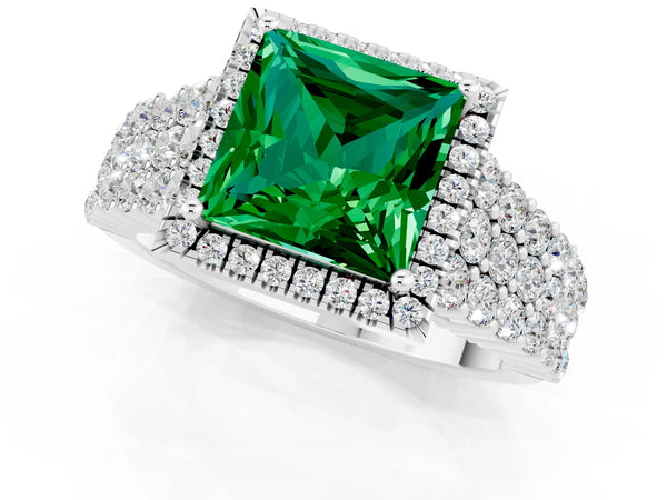 Platinum Princess Cut Emerald Halo Engagement Ring with Triple Row Round Pavé Band and Prong Setting