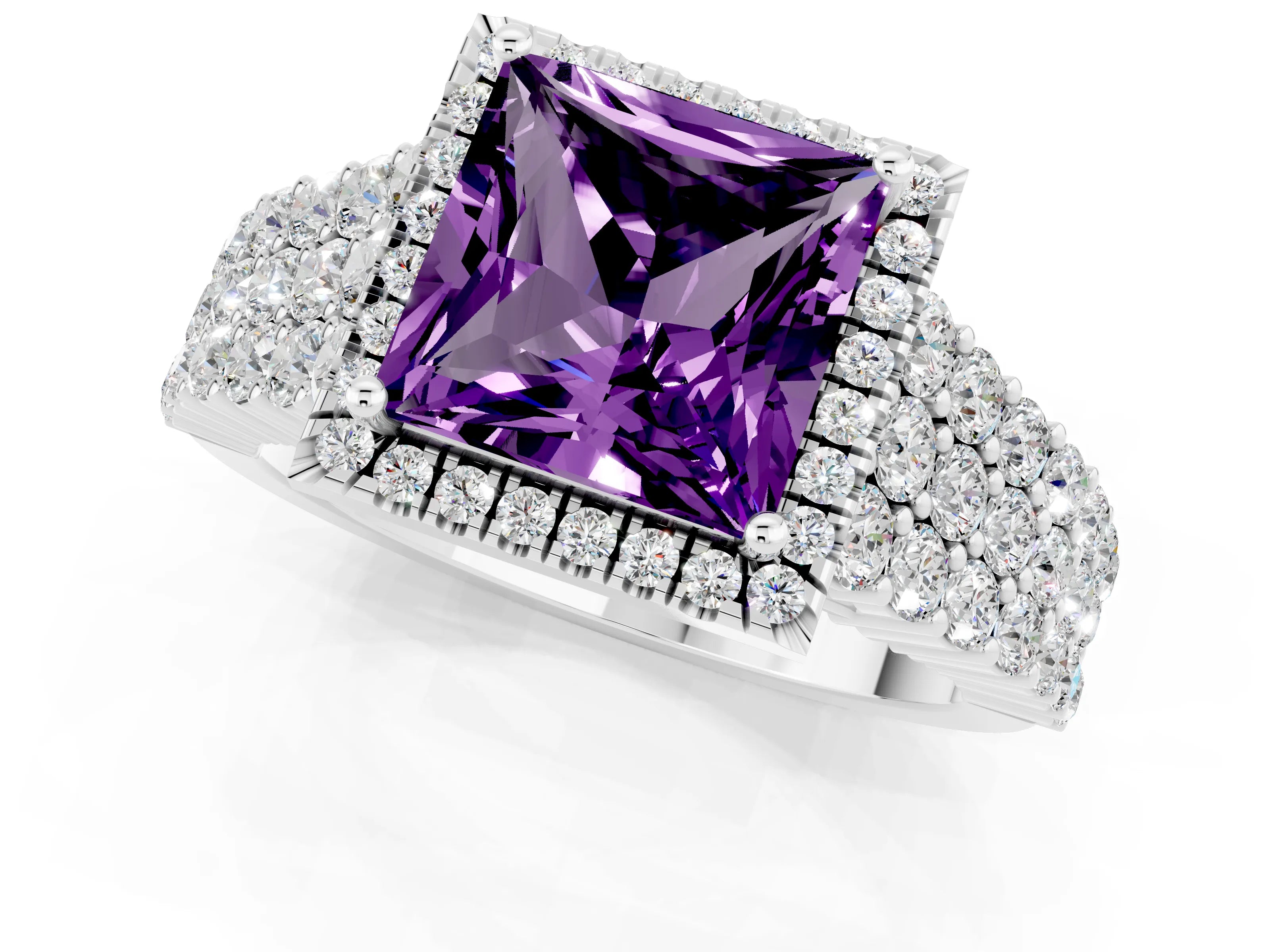 White gold Princess Cut Halo Pavé Diamond Engagement Ring with Split Shank and Four-Prong Setting_1