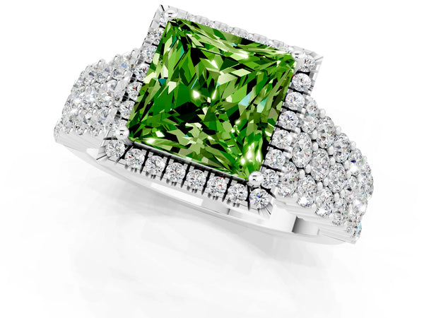 Silver Princess Cut Halo Pavé Diamond Engagement Ring with Split Shank and Four-Prong Setting