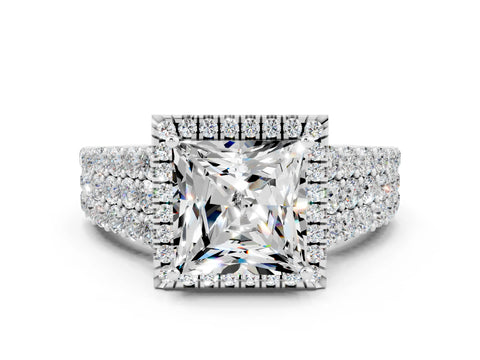 White gold Princess Cut Halo Pavé Diamond Engagement Ring with Split Shank and Four-Prong Setting