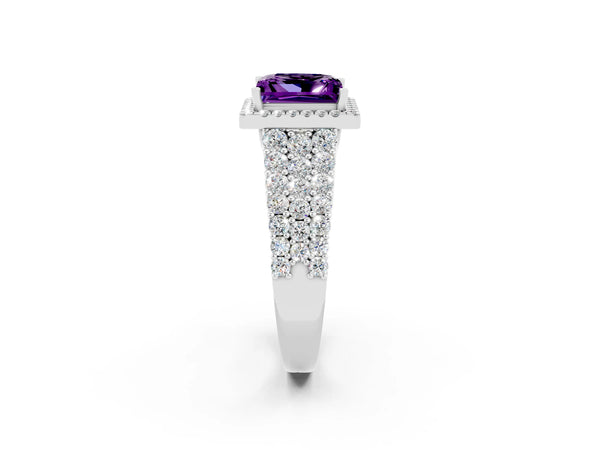 Silver Princess Cut Amethyst Halo Engagement Ring with Triple Row Round Pavé Band and Prong Setting