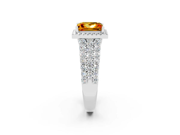 Platinum Princess Cut Citrine Halo Engagement Ring with Triple Row Round Pavé Band and Prong Setting