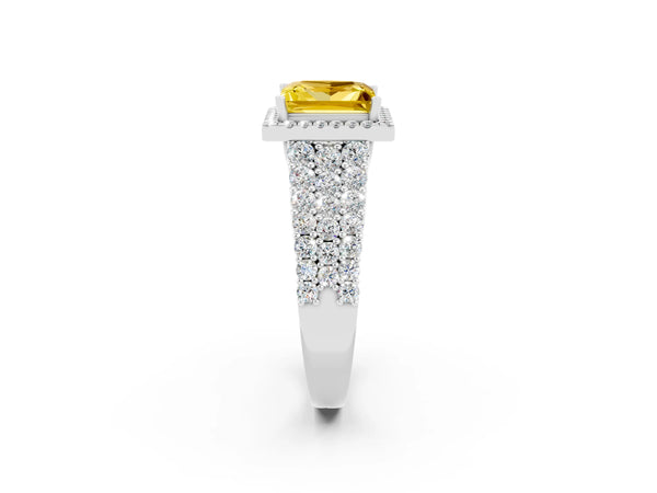 Silver Princess Cut Yellow Sapphire Halo Engagement Ring with Triple Row Round Pavé Band and Prong Setting