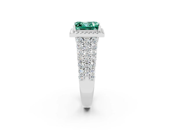 Silver Princess Cut Green Sapphire Halo Engagement Ring with Triple Row Round Pavé Band and Prong Setting
