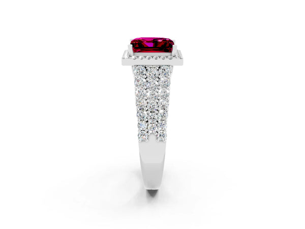 Platinum Princess Cut Garnet Halo Engagement Ring with Triple Row Round Pavé Band and Prong Setting