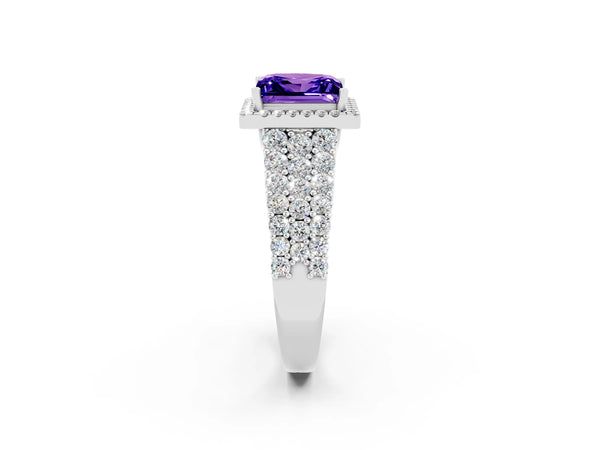 White gold Princess Cut Tanzanite Halo Engagement Ring with Triple Row Round Pavé Band and Prong Setting