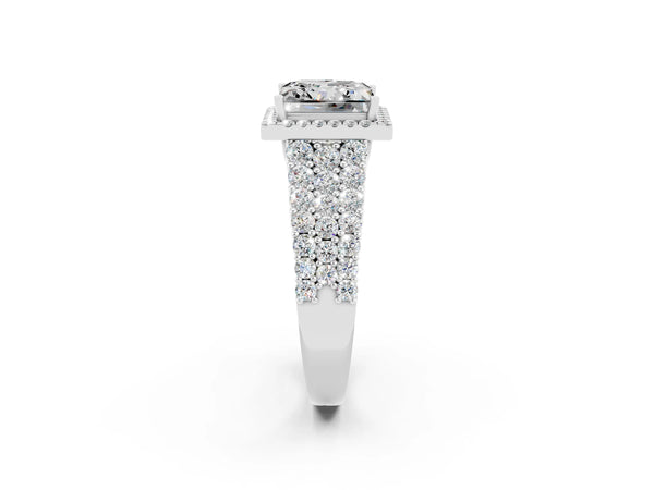Platinum Princess Cut Moissanite Halo Engagement Ring with Triple Row Round Pavé Band and Prong Setting