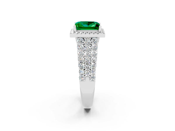 Platinum Princess Cut Emerald Halo Engagement Ring with Triple Row Round Pavé Band and Prong Setting