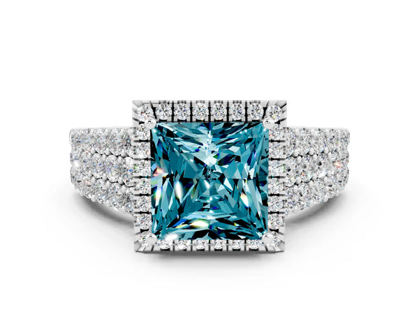 Platinum Princess Cut Halo Pavé Diamond Engagement Ring with Split Shank and Four-Prong Setting