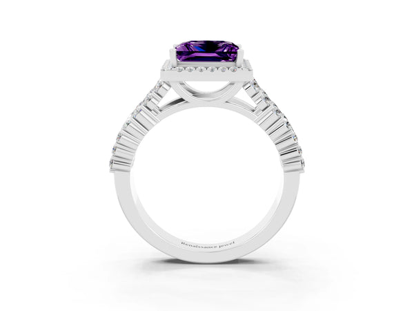 Platinum Princess Cut Amethyst Halo Engagement Ring with Triple Row Round Pavé Band and Prong Setting