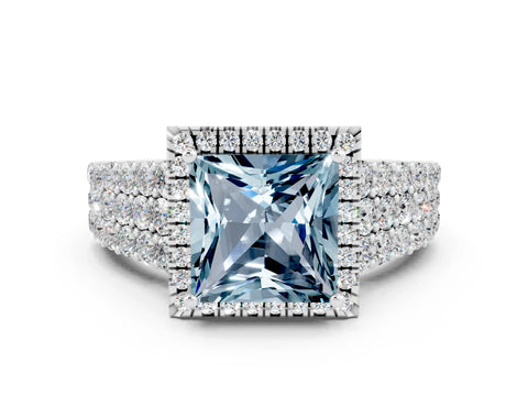 White gold Princess Cut Halo Pavé Diamond Engagement Ring with Split Shank and Four-Prong Setting