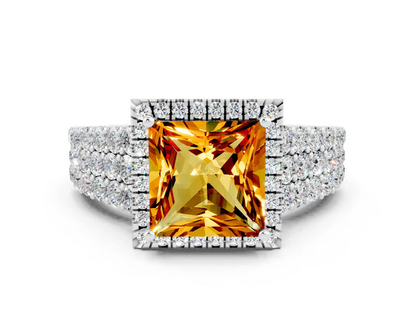 Platinum Princess Cut Citrine Halo Engagement Ring with Triple Row Round Pavé Band and Prong Setting