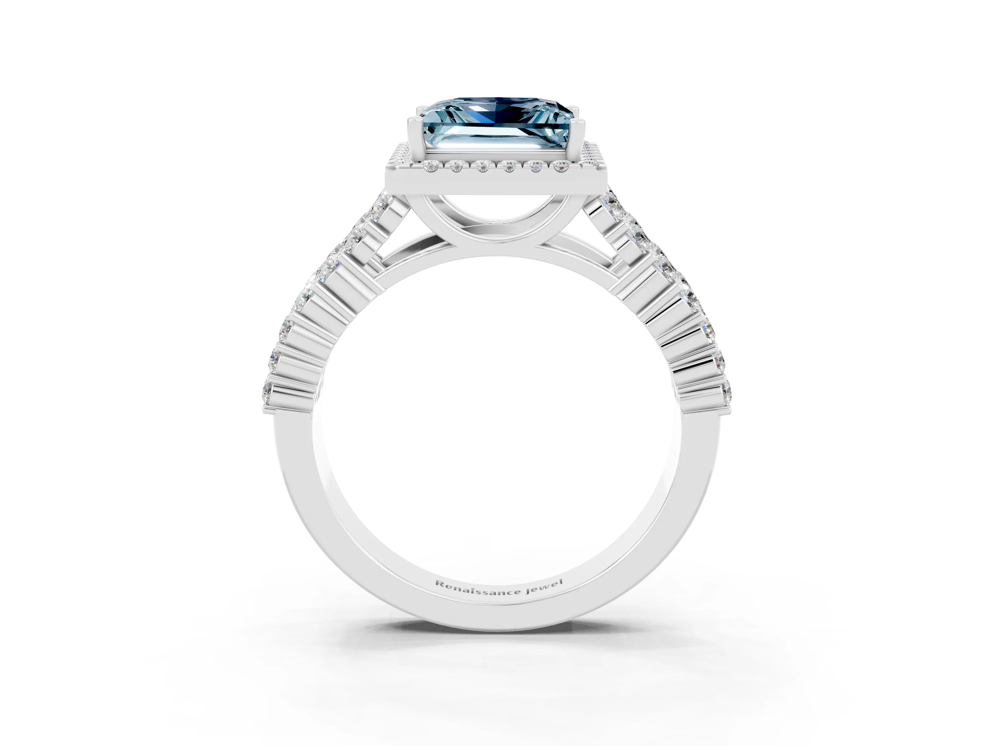 White gold Princess Cut Halo Pavé Diamond Engagement Ring with Split Shank and Four-Prong Setting_3