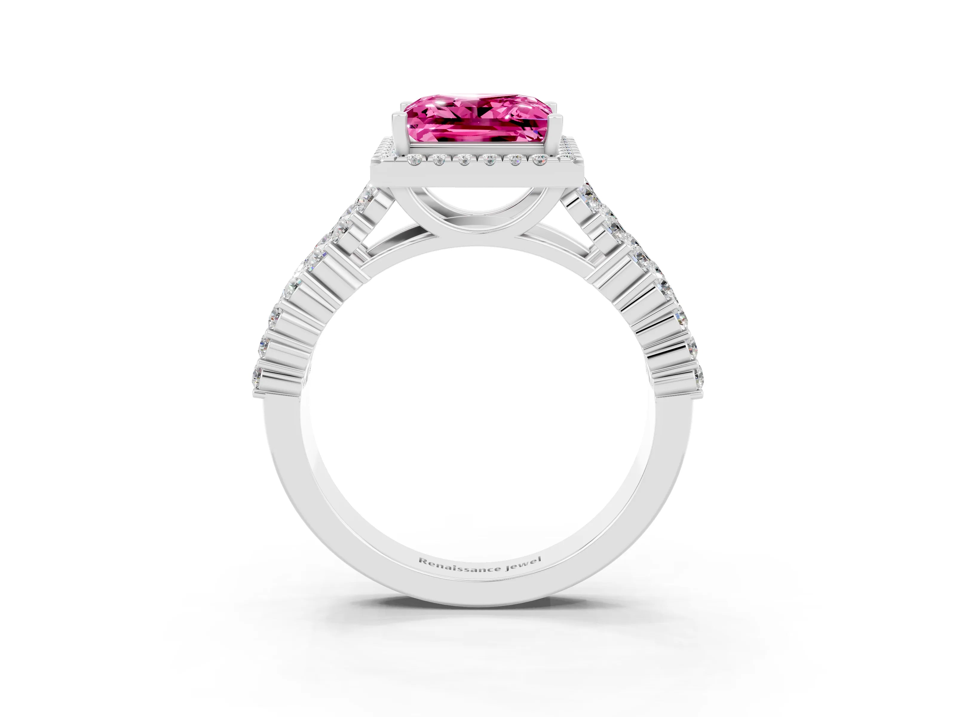 White gold Princess Cut Halo Pavé Diamond Engagement Ring with Split Shank and Four-Prong Setting_3