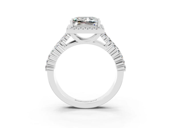Silver Princess Cut Moissanite Halo Engagement Ring with Triple Row Round Pavé Band and Prong Setting