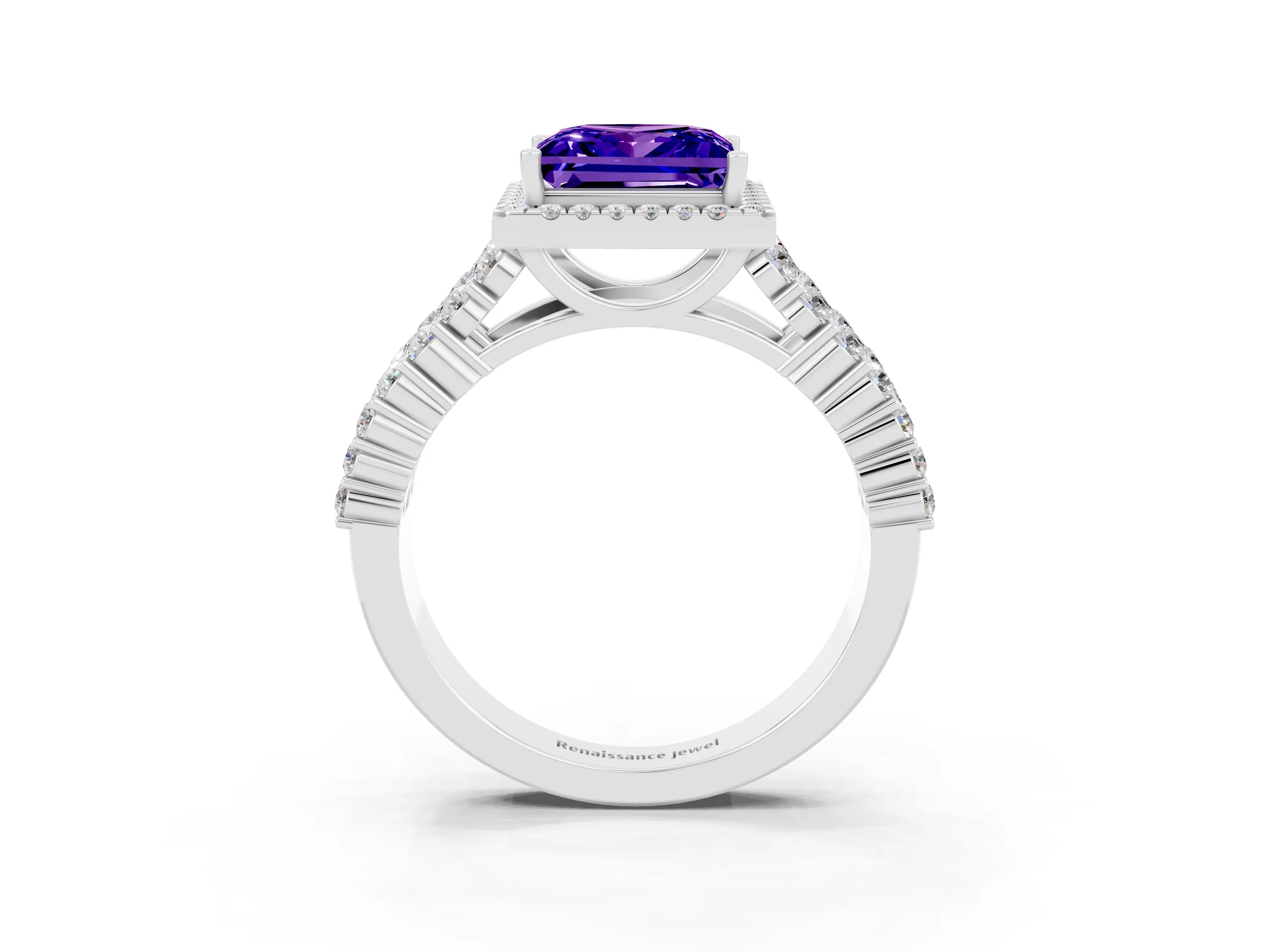 White gold Princess Cut Halo Pavé Diamond Engagement Ring with Split Shank and Four-Prong Setting_3
