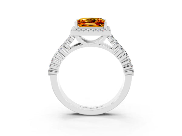 White gold Princess Cut Citrine Halo Engagement Ring with Triple Row Round Pavé Band and Prong Setting