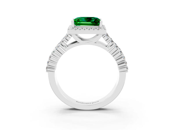 Silver Princess Cut Emerald Halo Engagement Ring with Triple Row Round Pavé Band and Prong Setting
