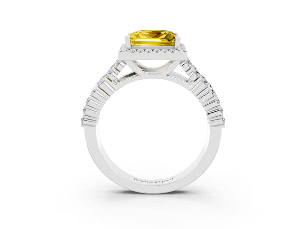 White gold Princess Cut Yellow Sapphire Halo Engagement Ring with Triple Row Round Pavé Band and Prong Setting