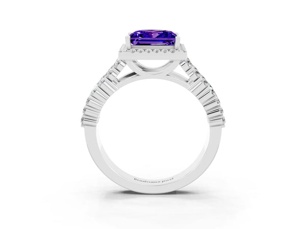 Silver Princess Cut Tanzanite Halo Engagement Ring with Triple Row Round Pavé Band and Prong Setting