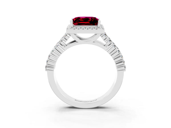 Silver Princess Cut Garnet Halo Engagement Ring with Triple Row Round Pavé Band and Prong Setting