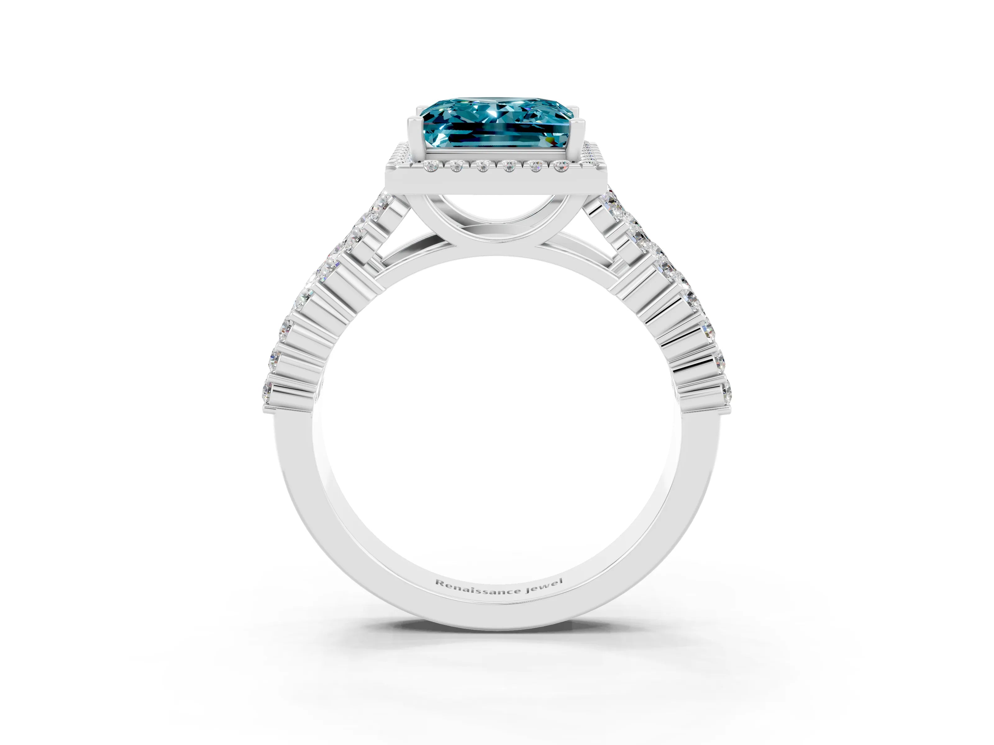White gold Princess Cut Halo Pavé Diamond Engagement Ring with Split Shank and Four-Prong Setting_3