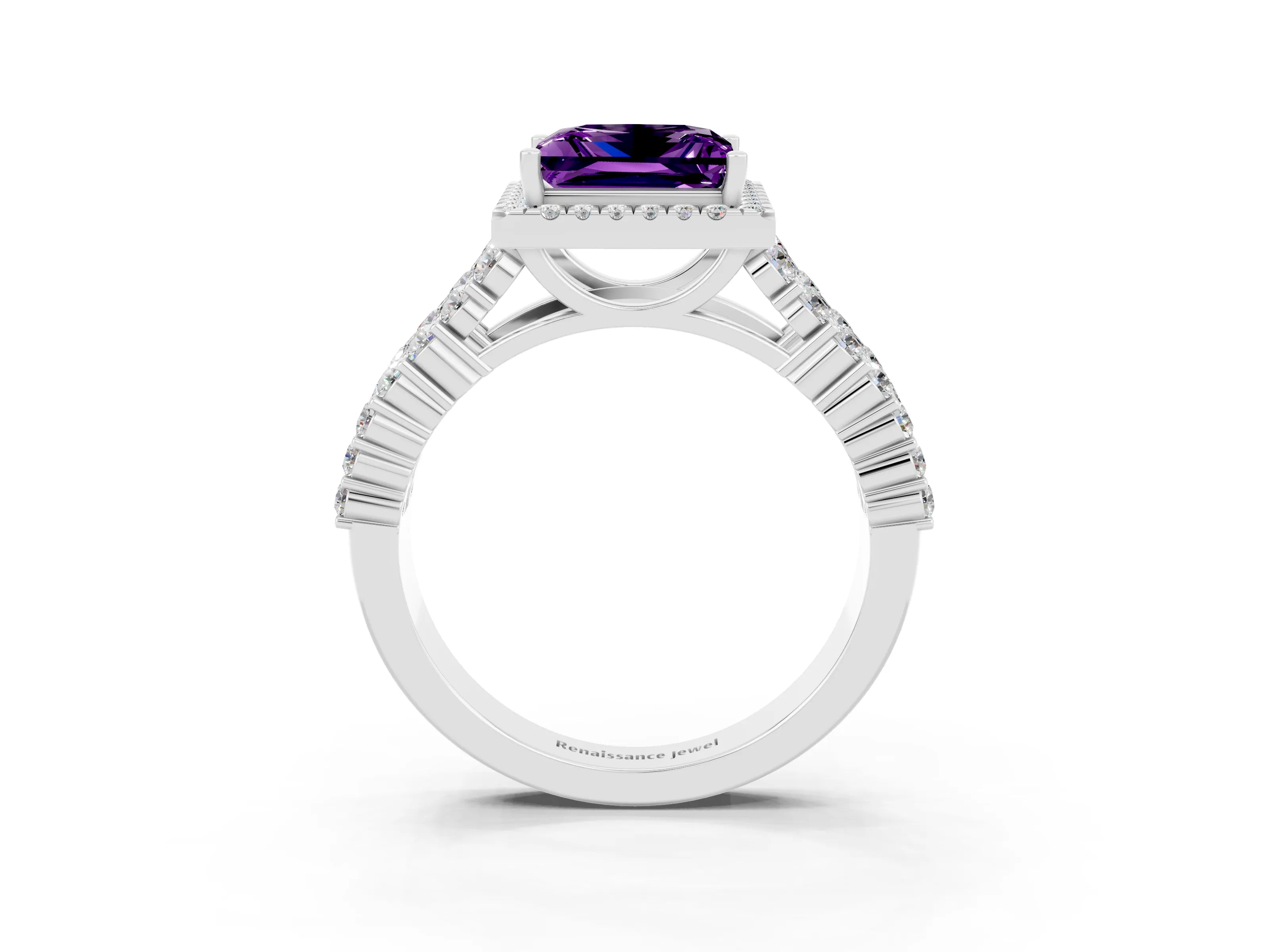 White gold Princess Cut Halo Pavé Diamond Engagement Ring with Split Shank and Four-Prong Setting_3