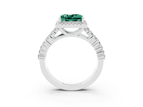 White gold Princess Cut Green Sapphire Halo Engagement Ring with Triple Row Round Pavé Band and Prong Setting