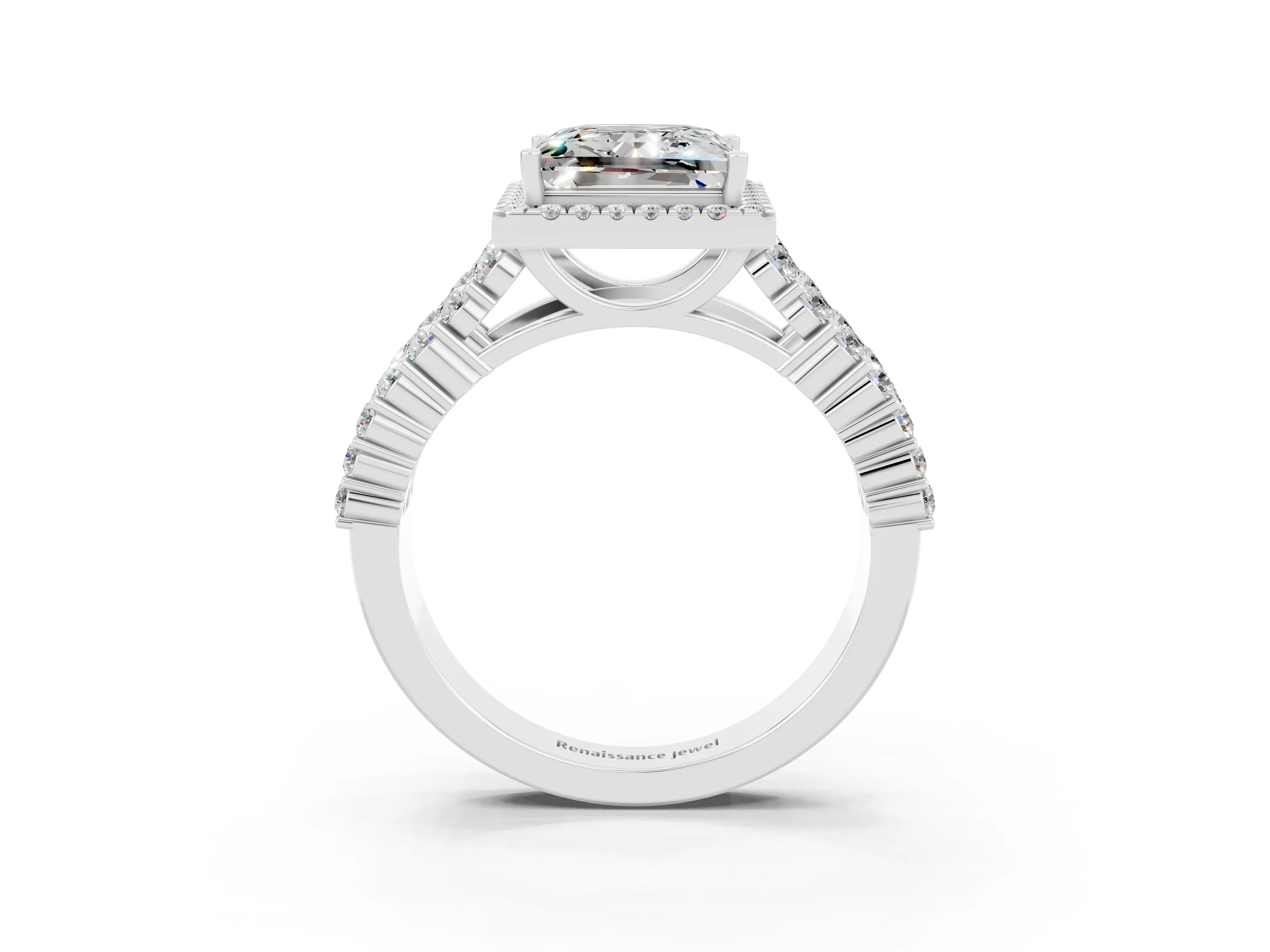White gold Princess Cut Halo Pavé Diamond Engagement Ring with Split Shank and Four-Prong Setting_3