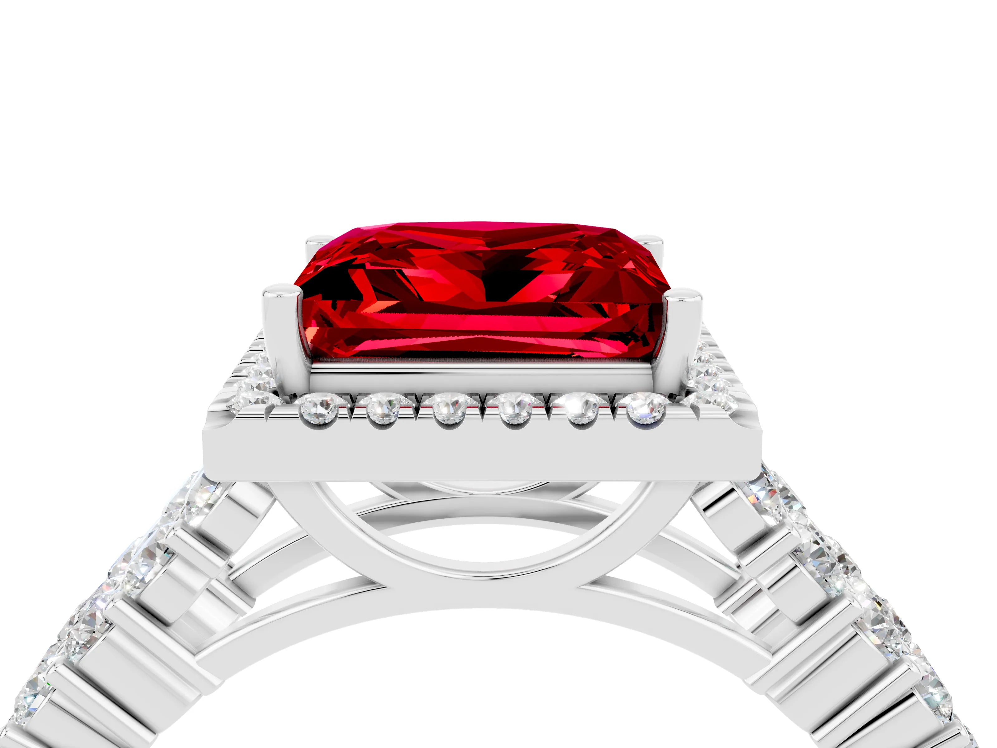 White gold Princess Cut Halo Pavé Diamond Engagement Ring with Split Shank and Four-Prong Setting_4
