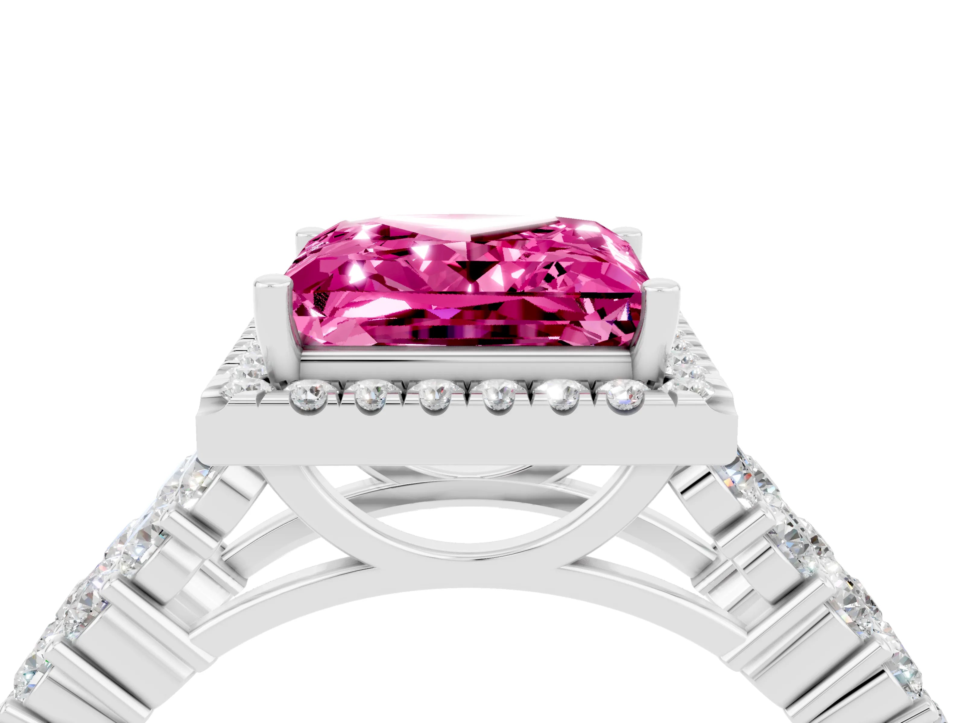 White gold Princess Cut Halo Pavé Diamond Engagement Ring with Split Shank and Four-Prong Setting_4