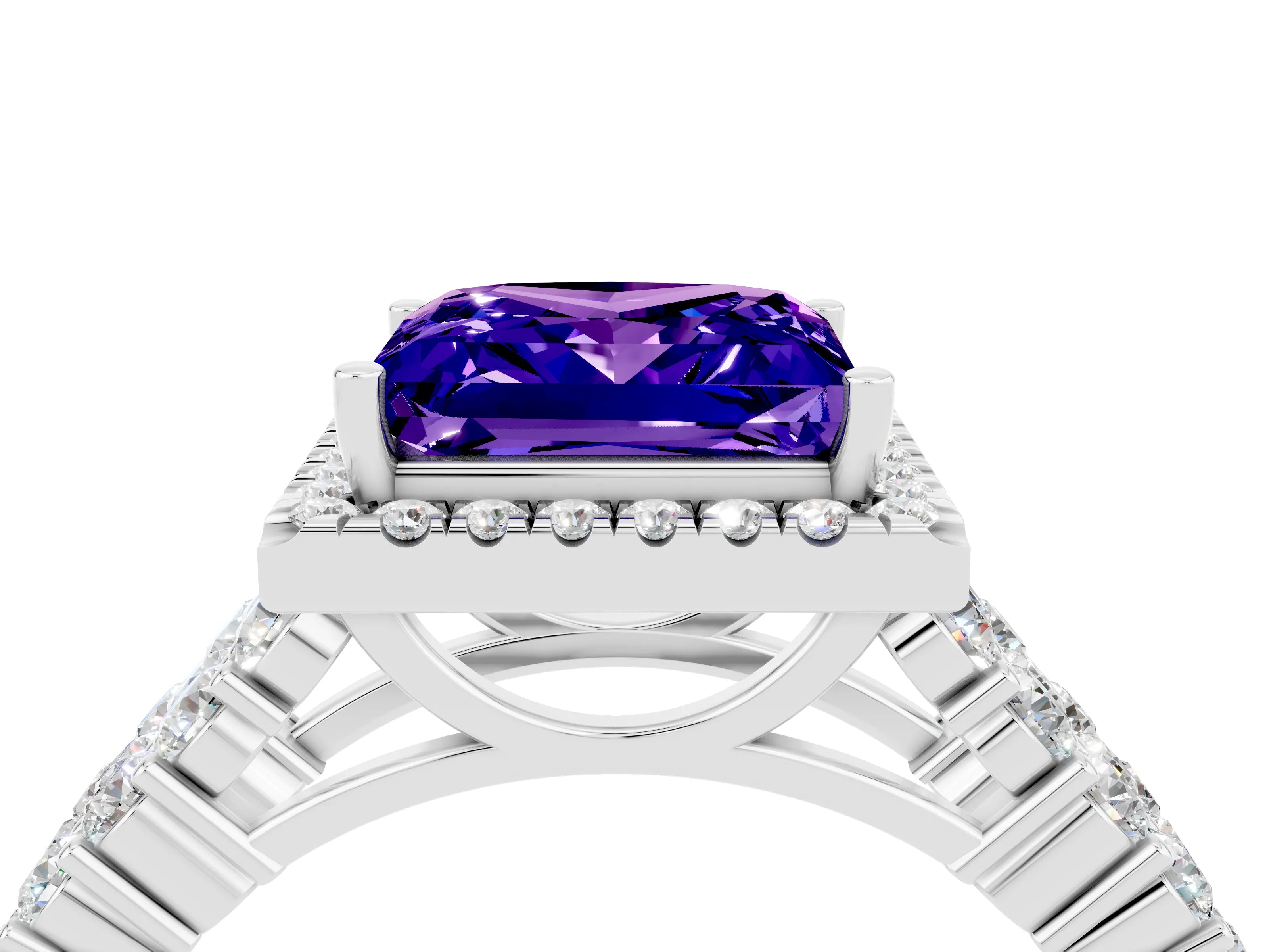 White gold Princess Cut Halo Pavé Diamond Engagement Ring with Split Shank and Four-Prong Setting_4