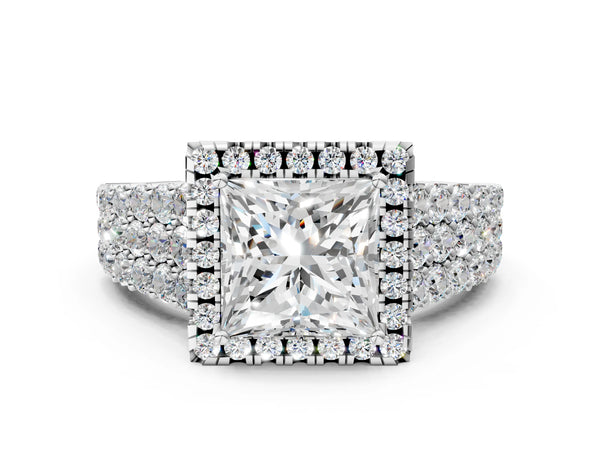 White gold Princess Cut Halo Pavé Diamond Engagement Ring with Split Shank and Four-Prong Setting