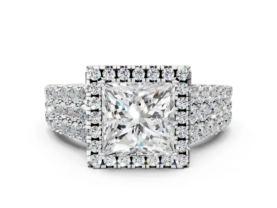 White gold Princess Cut Halo Pavé Diamond Engagement Ring with Split Shank and Four-Prong Setting
