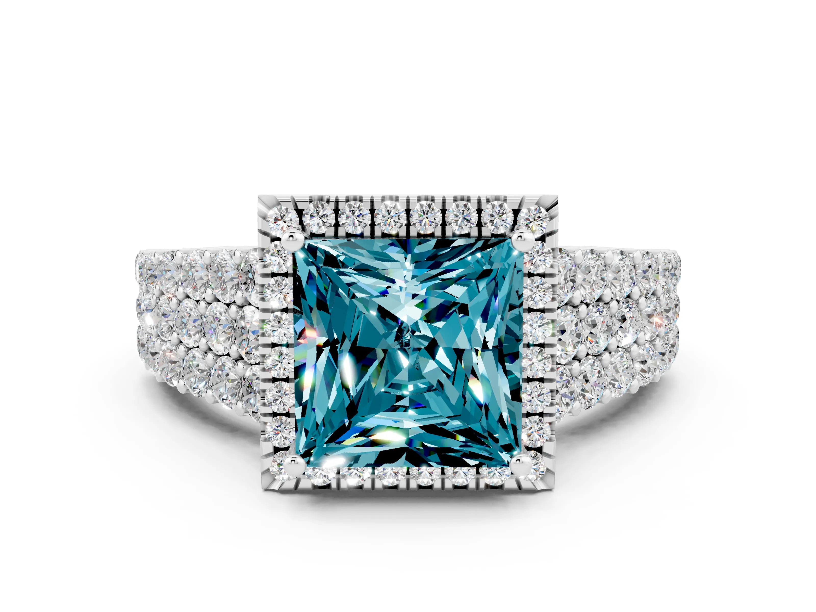 White gold Princess Cut Halo Pavé Diamond Engagement Ring with Split Shank and Four-Prong Setting