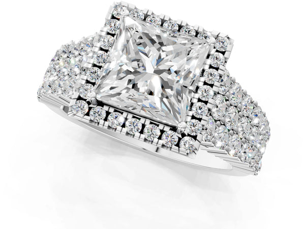 White gold Princess Cut Halo Pavé Diamond Engagement Ring with Split Shank and Four-Prong Setting
