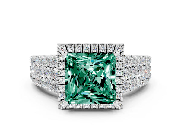 White gold Princess Cut Green Sapphire Halo Engagement Ring with Triple Row Round Pavé Band and Prong Setting