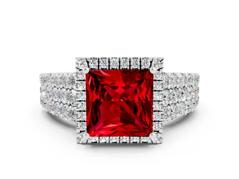 White gold Princess Cut Halo Pavé Diamond Engagement Ring with Split Shank and Four-Prong Setting