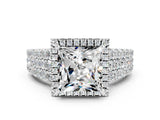 White gold Princess Cut Halo Pavé Diamond Engagement Ring with Split Shank and Four-Prong Setting