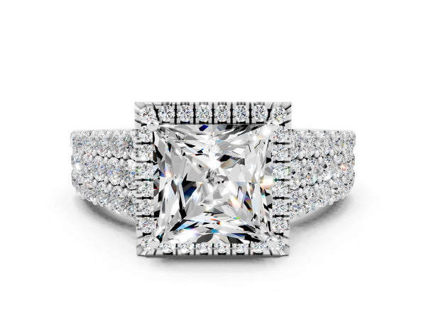 Platinum Princess Cut Moissanite Halo Engagement Ring with Triple Row Round Pavé Band and Prong Setting