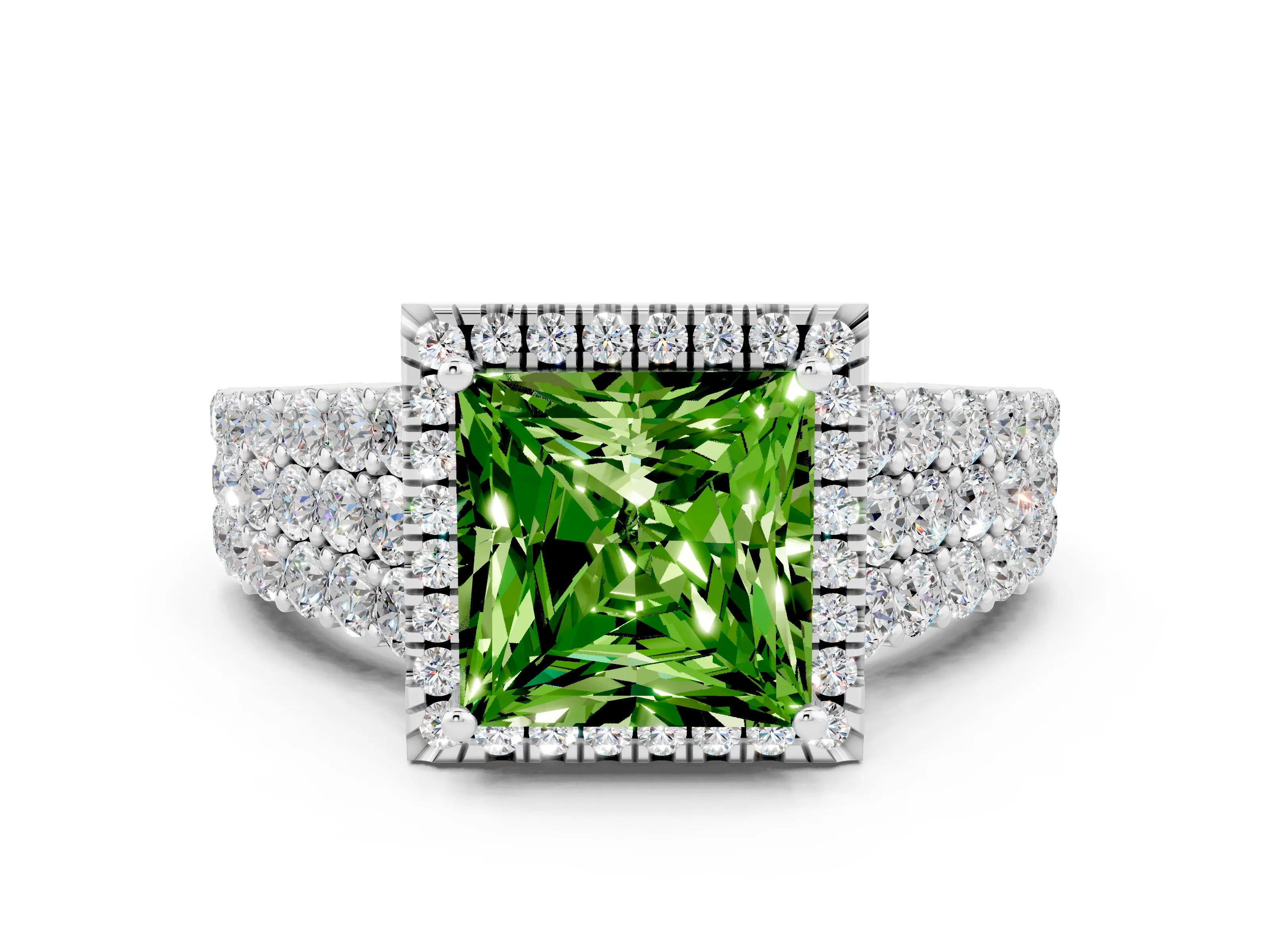 White gold Princess Cut Halo Pavé Diamond Engagement Ring with Split Shank and Four-Prong Setting
