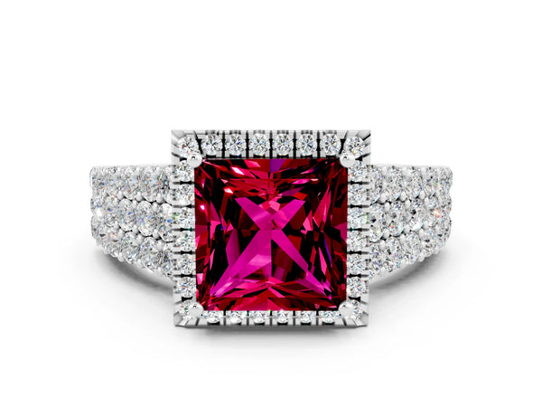 Silver Princess Cut Garnet Halo Engagement Ring with Triple Row Round Pavé Band and Prong Setting