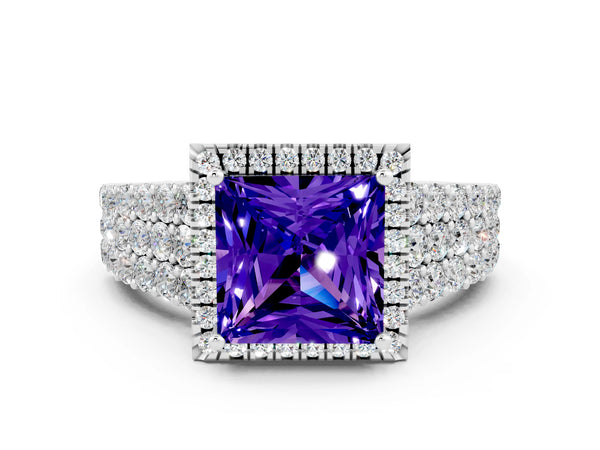 White gold Princess Cut Tanzanite Halo Engagement Ring with Triple Row Round Pavé Band and Prong Setting