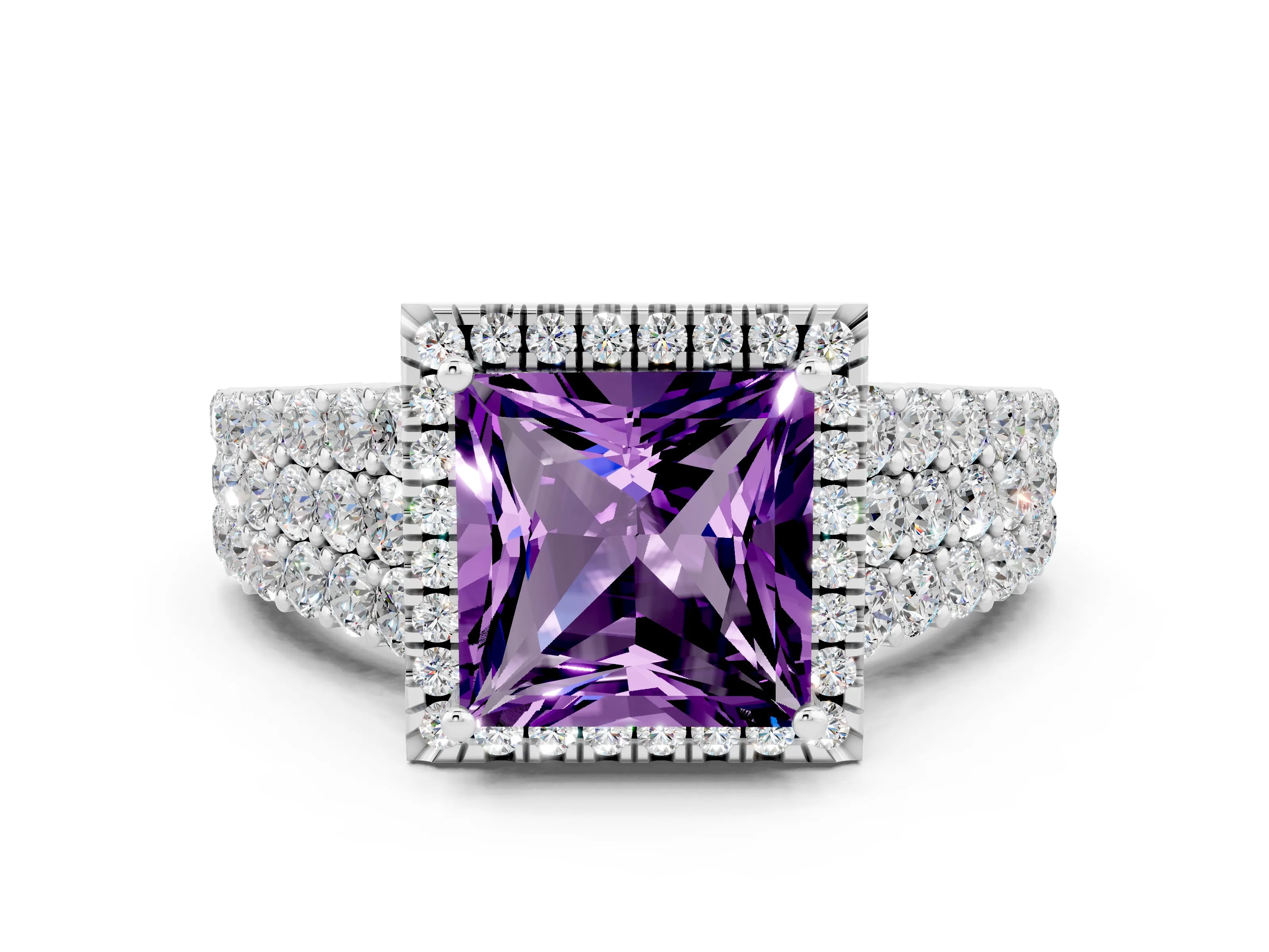 White gold Princess Cut Halo Pavé Diamond Engagement Ring with Split Shank and Four-Prong Setting