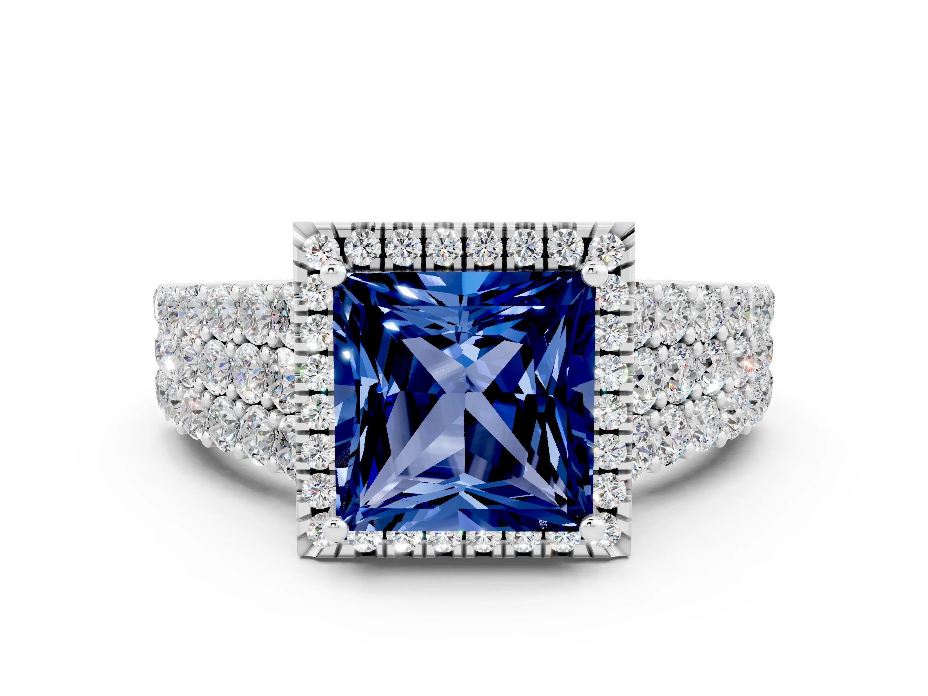 White gold Princess Cut Halo Pavé Diamond Engagement Ring with Split Shank and Four-Prong Setting