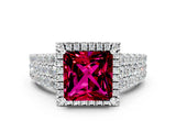 White gold Princess Cut Halo Pavé Diamond Engagement Ring with Split Shank and Four-Prong Setting