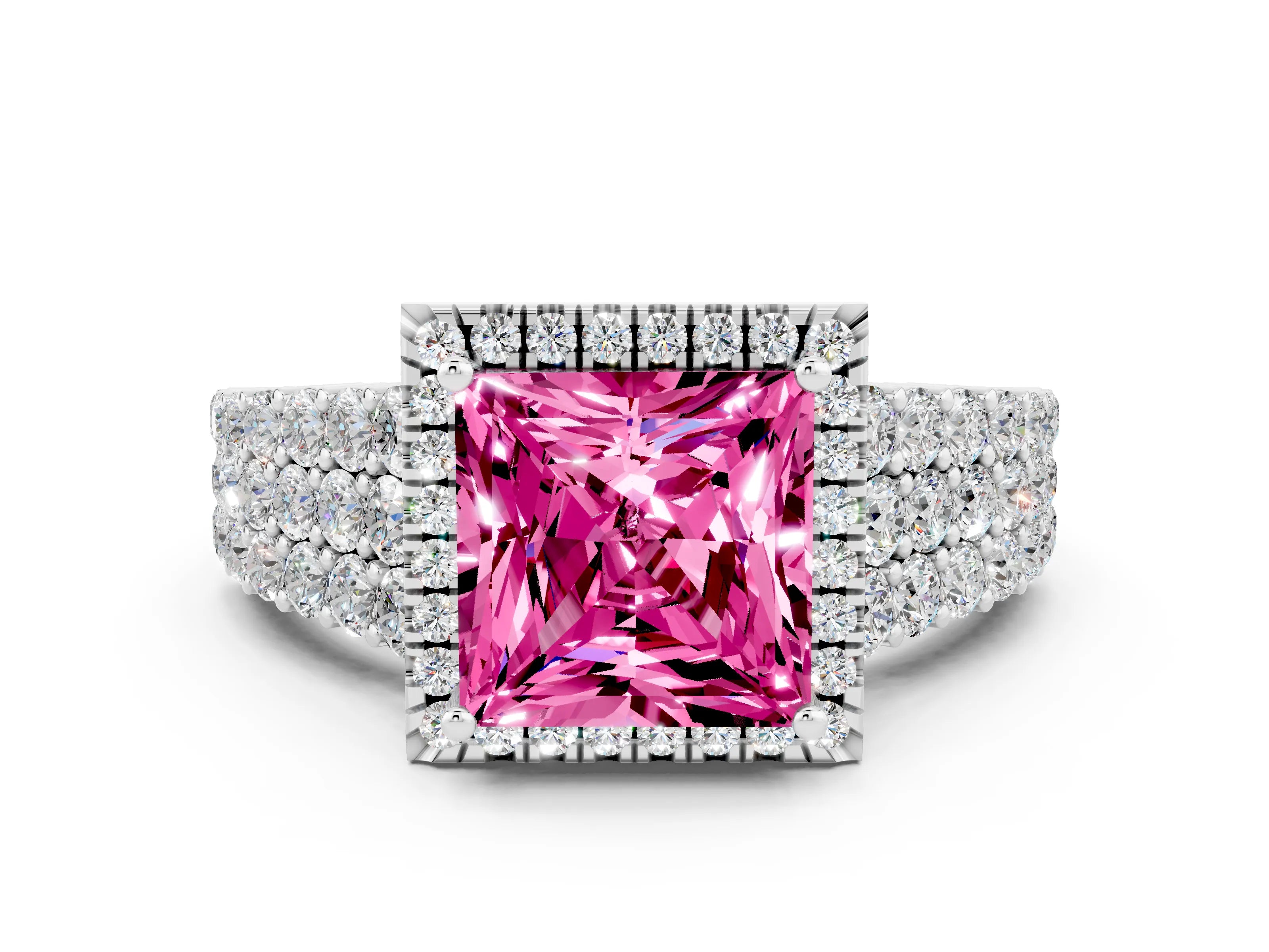 White gold Princess Cut Halo Pavé Diamond Engagement Ring with Split Shank and Four-Prong Setting
