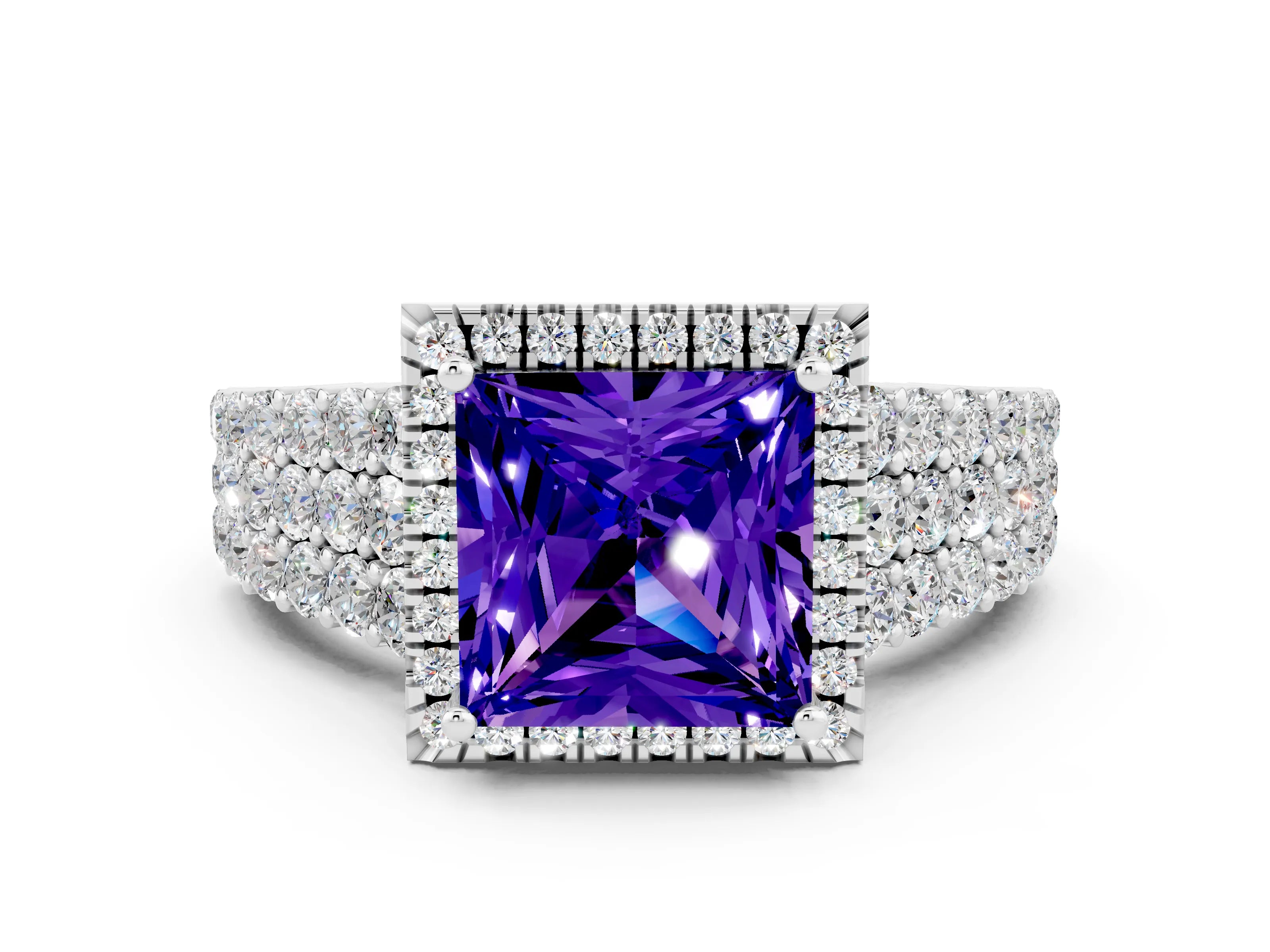 White gold Princess Cut Halo Pavé Diamond Engagement Ring with Split Shank and Four-Prong Setting